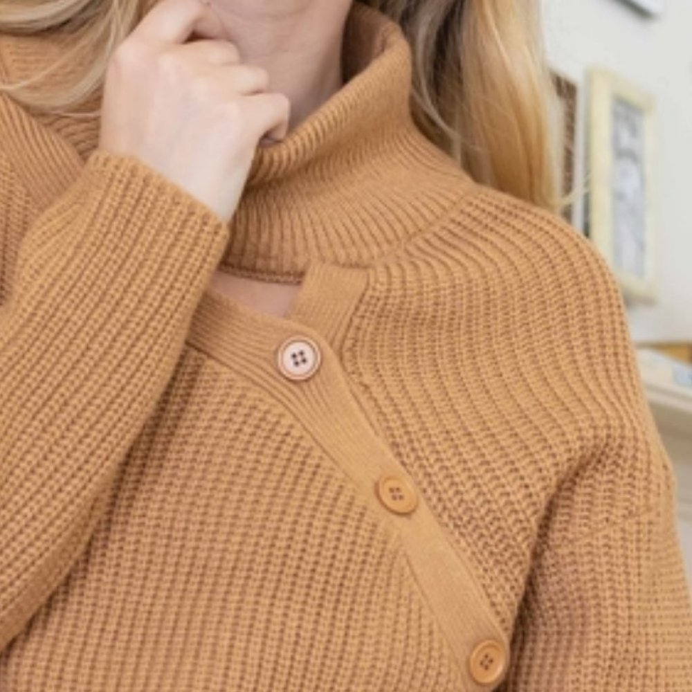 Turtle Neck Button detail Long Sleeve Sweater Carmel - Picture 6 of 8